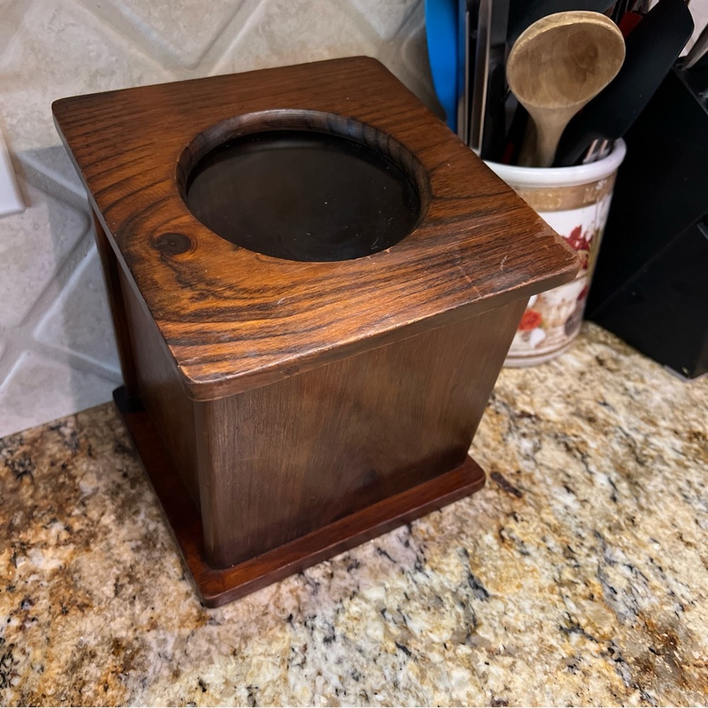 VTG Handmade Wood Canister  Hinged Lid Plastic Insert Bin Slanted View Hole FOOD